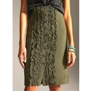 MAEVE BY ANTHROPOLOGIE RUFFLE-FRONT OLIVE GREEN MIDI SKIRT SIZE 16 *RUNS SMALL